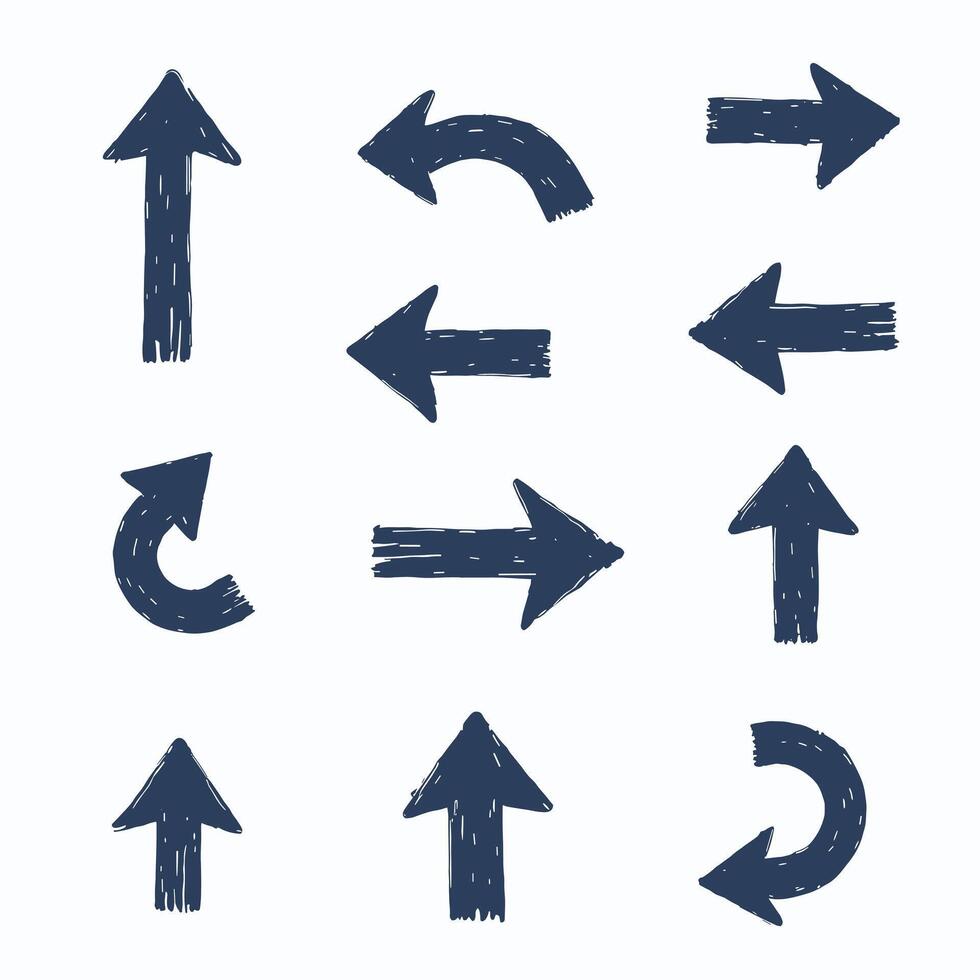 Black hand-drawn arrows of various types and directions on a white background. vector