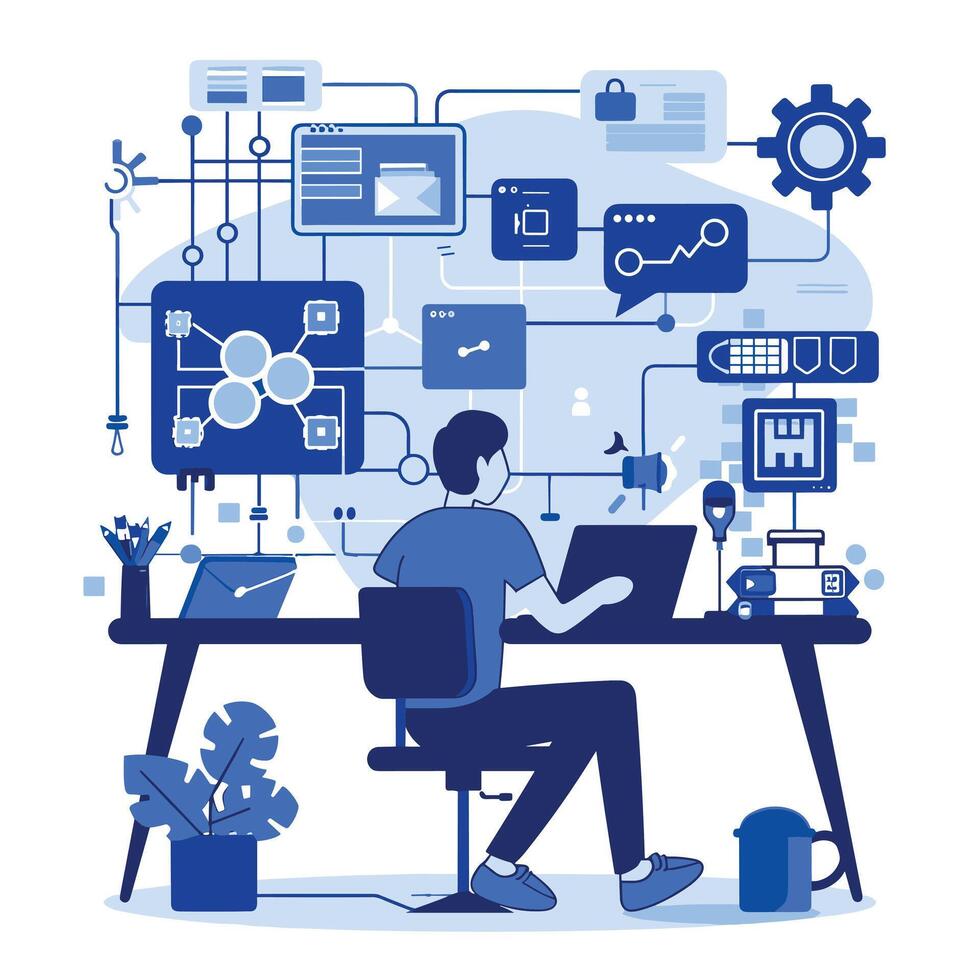 Male programmer working on a complex project with multiple digital elements on a blue-themed interface background. vector