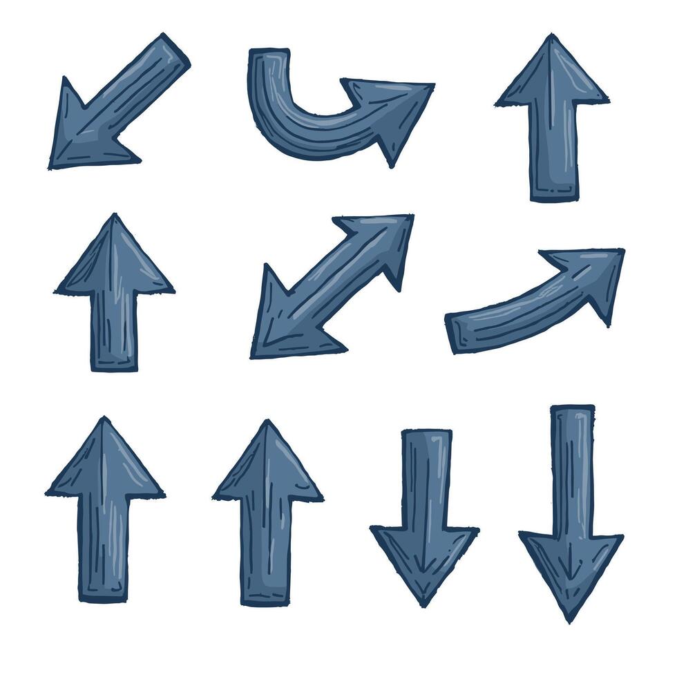 A variety of hand-drawn blue arrows pointing in different directions on a white background. vector