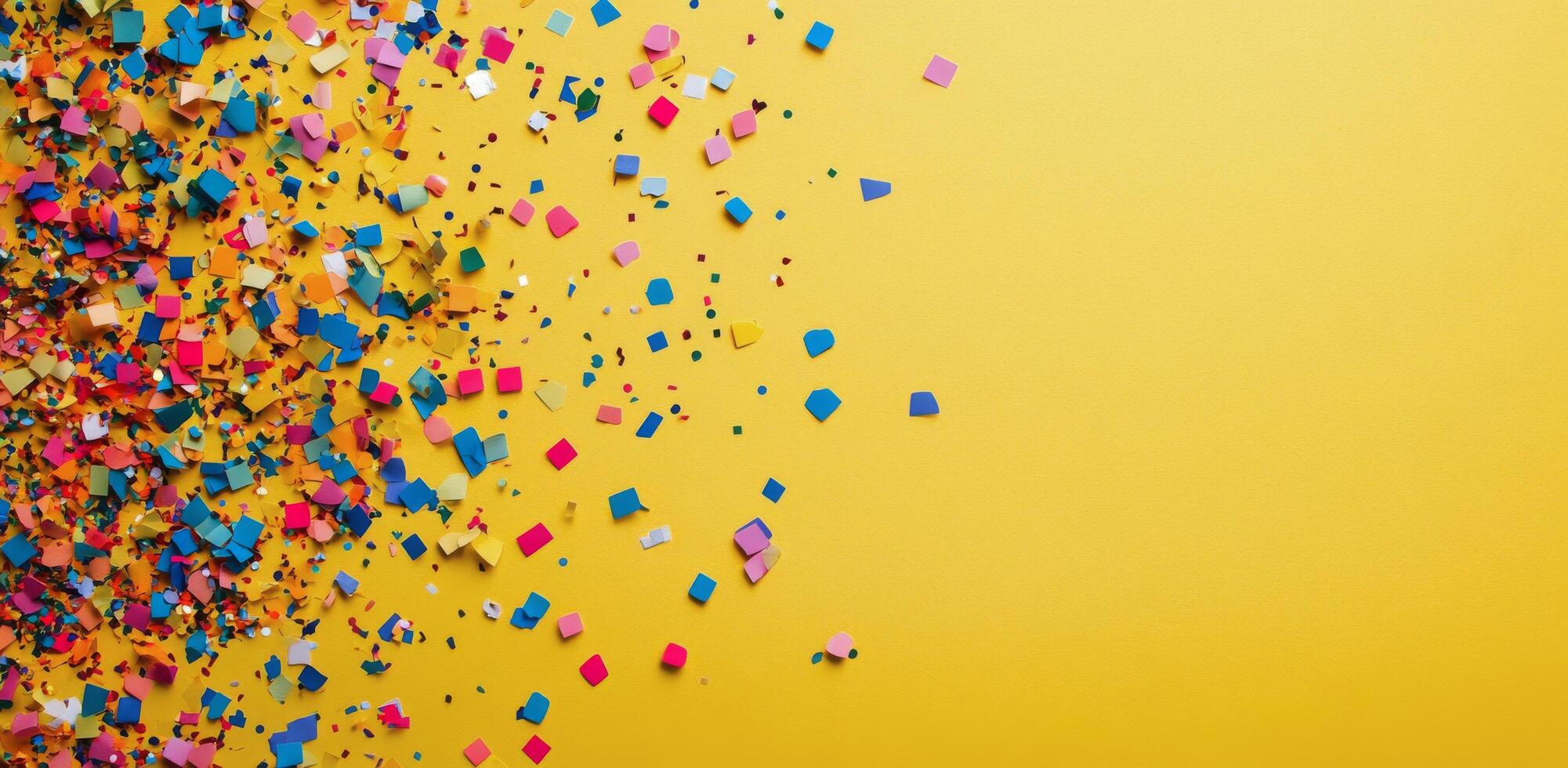Colorful confetti scattered on a vibrant yellow background for festive celebrations photo