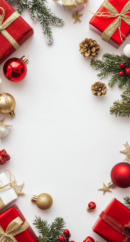 Festive holiday arrangement with red gifts, ornaments, and pine branches on a white background photo