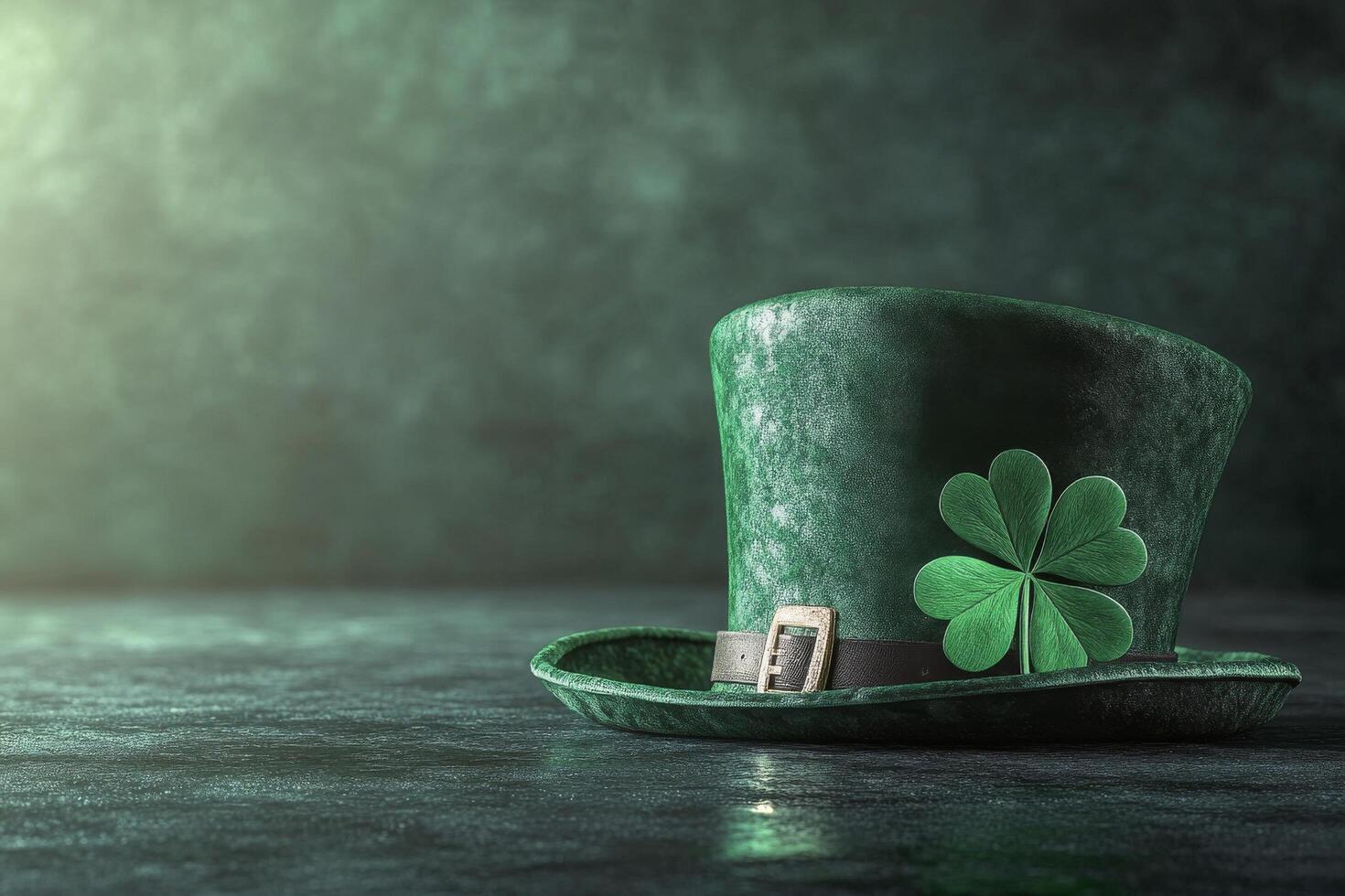 Green felt hat with a clover on a textured backdrop for St. Patrick's Day photo