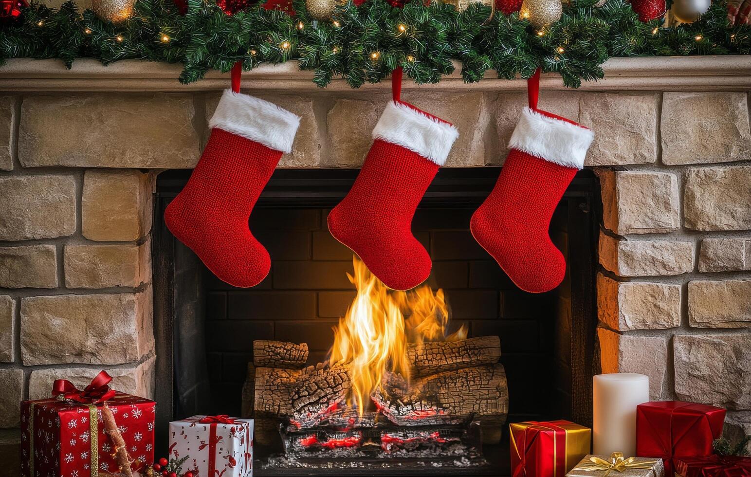 Cozy Christmas fireplace adorned with stockings and festive decorations, showcasing holiday spirit photo