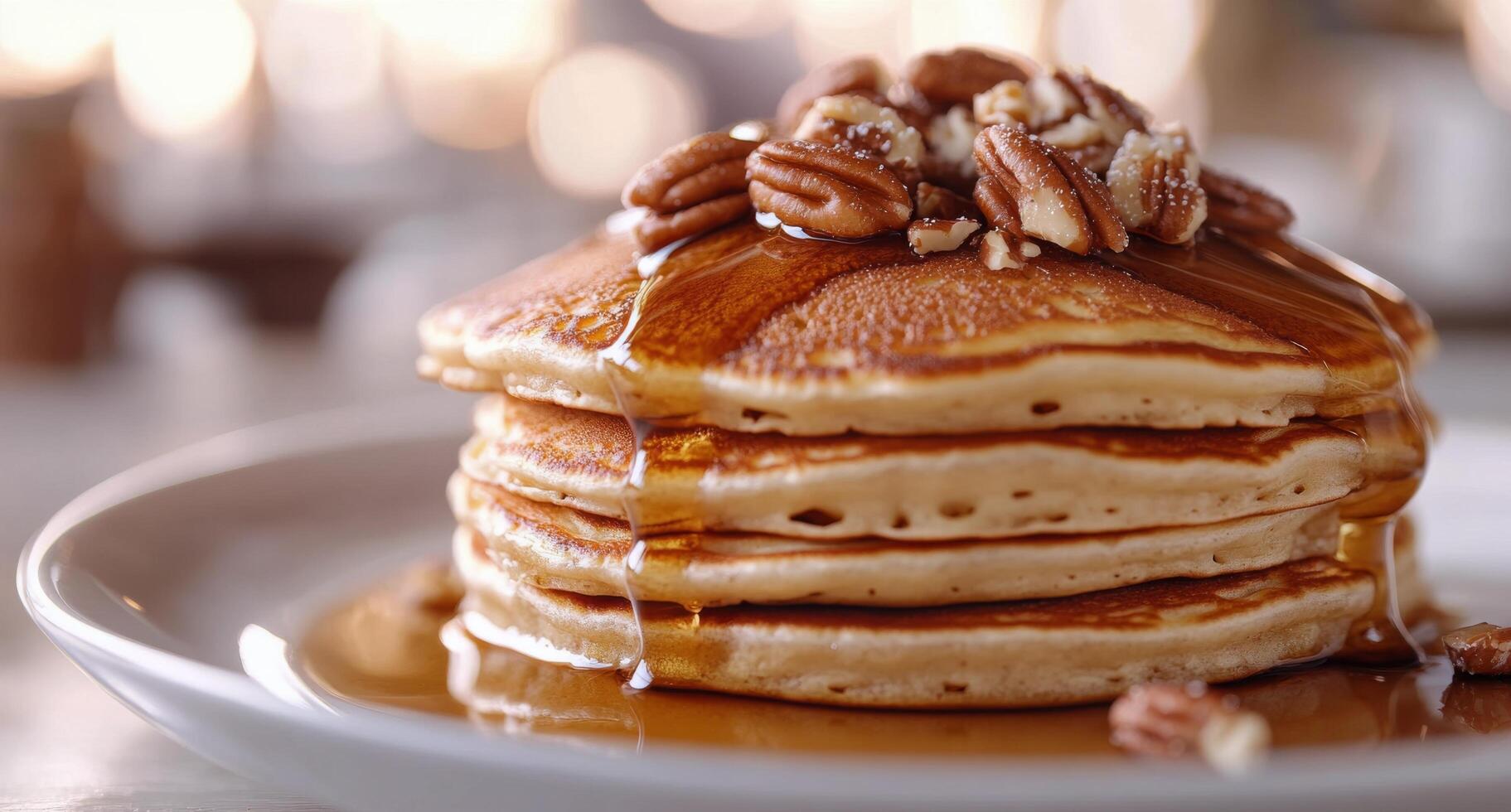 Delicious stack of fluffy pancakes topped with pecans and syrup on a rustic table photo