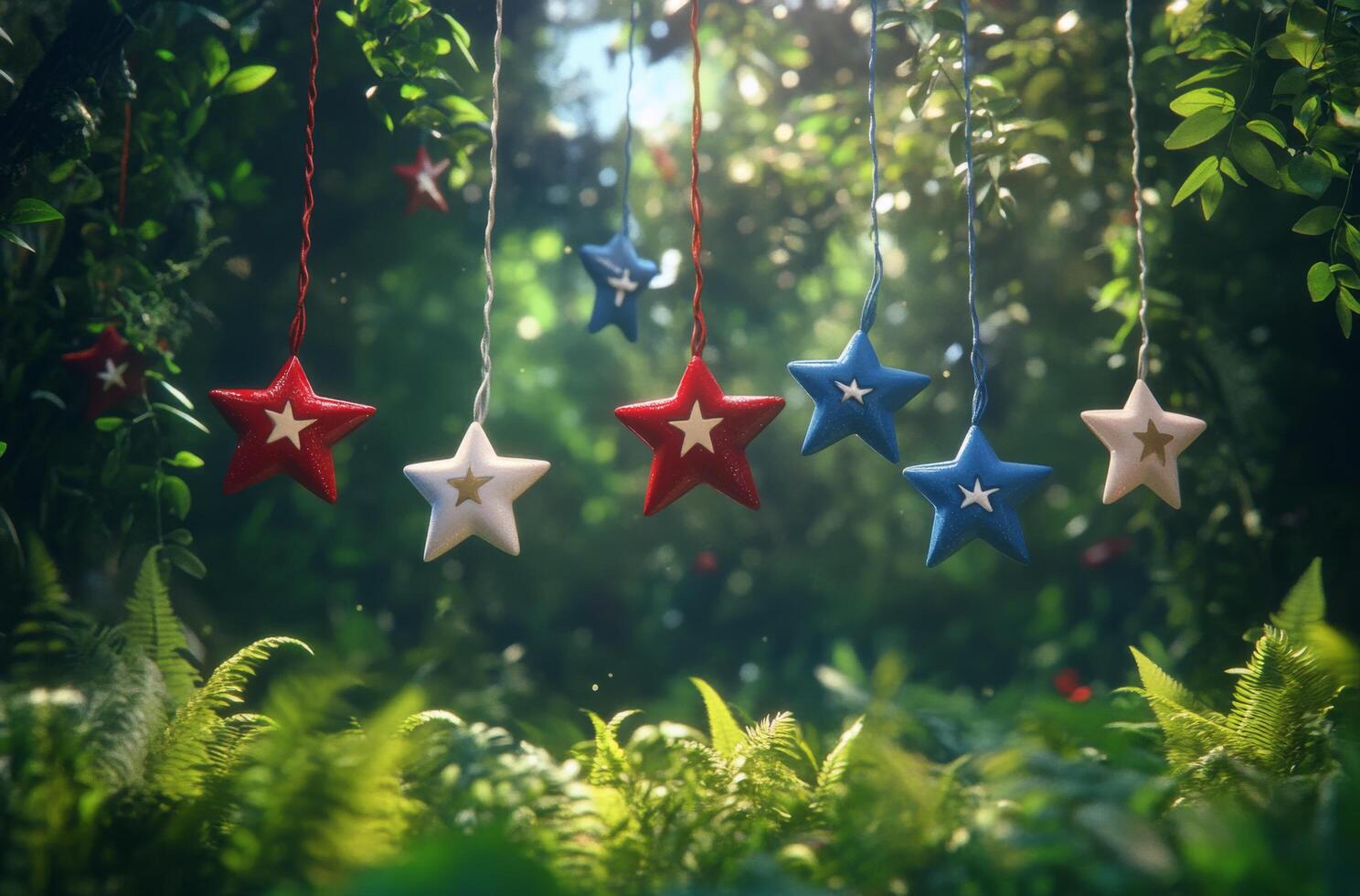 Colorful hanging stars in a serene forest setting during daylight photo