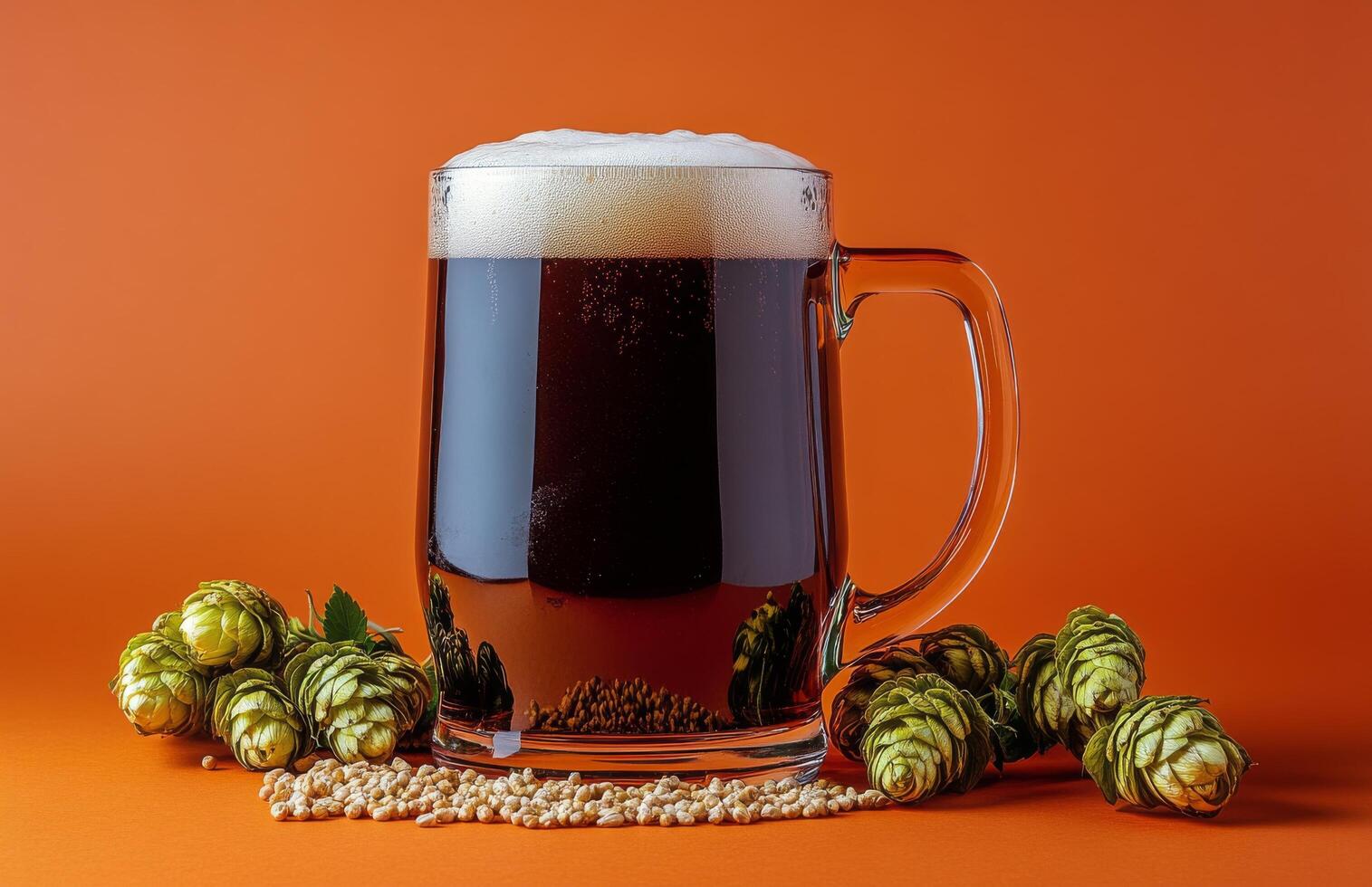 A hearty mug of dark beer surrounded by hops and grains on a vibrant orange background photo