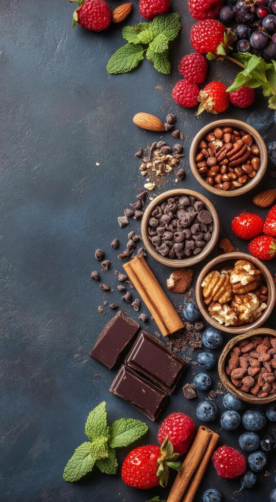 A colorful array of fresh berries, nuts, and chocolate arranged artistically on a dark surface photo
