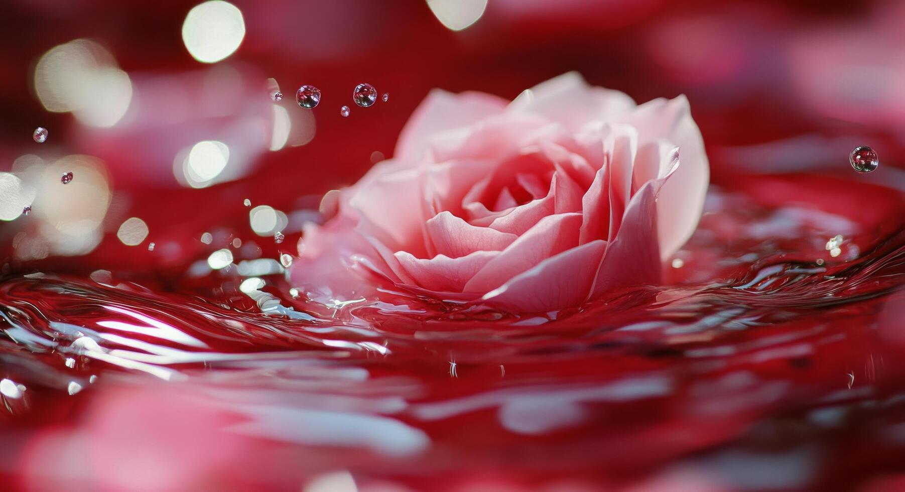 A pink rose surrounded by splashing water drops in a serene, red petal-filled setting photo