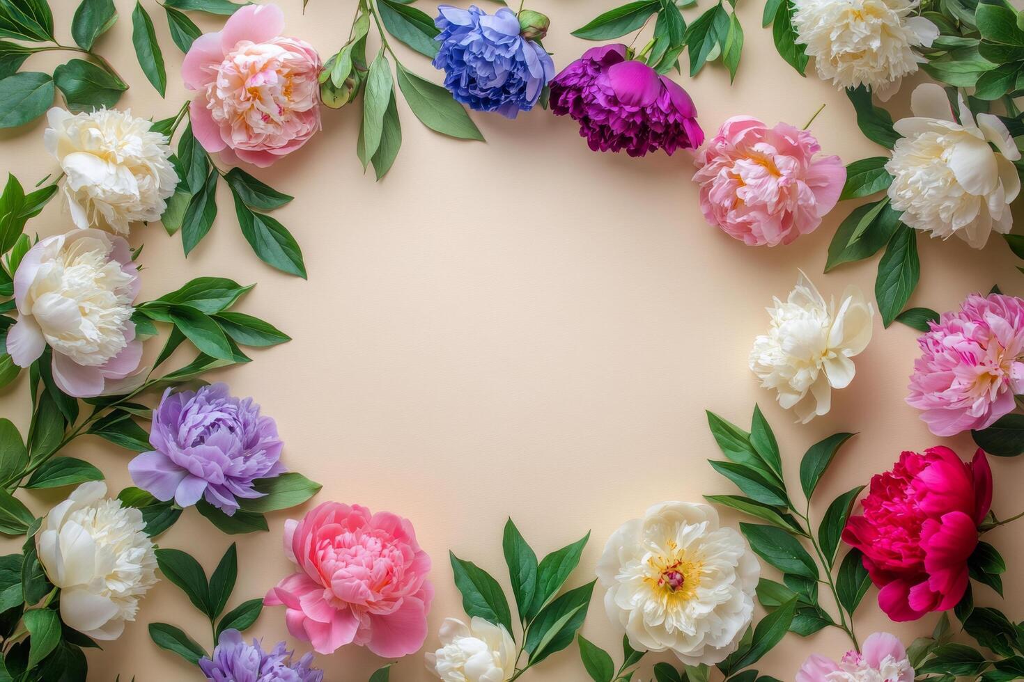 Colorful peonies and leaves arranged in a circular frame on a soft background photo