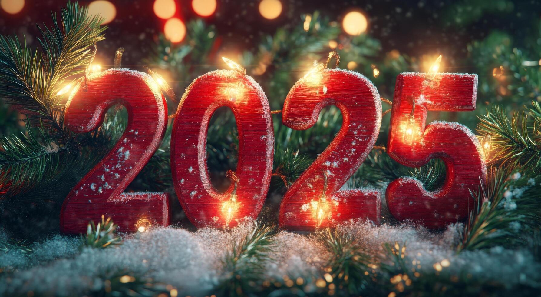 Decorative 2025 New Year display with lights and festive greenery on a snowy background photo