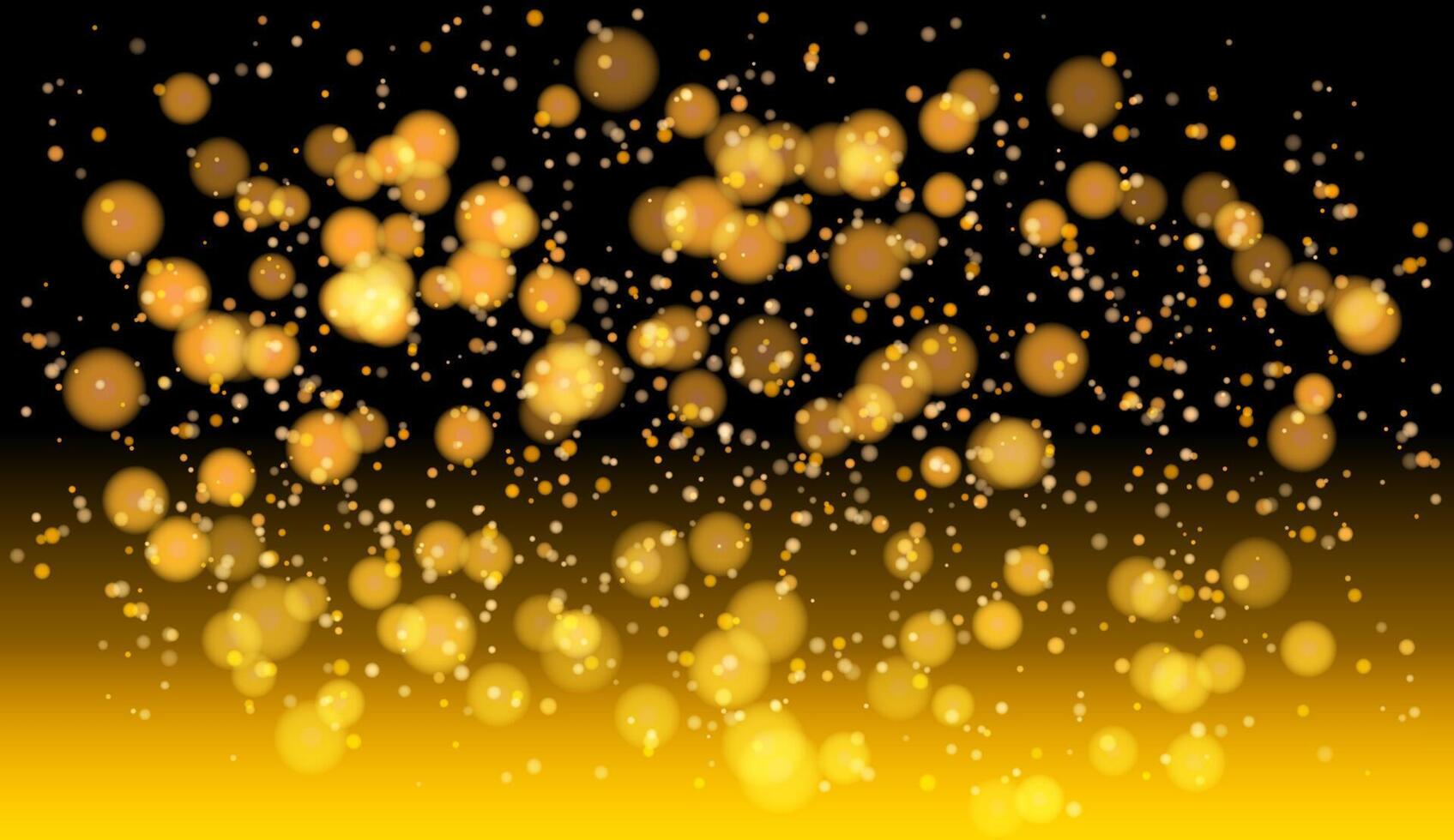 Image shows a golden bokeh light effect with numerous circles of varying sizes against a black background, transitioning to gold at the bottom. Concept of festive or celebratory decoration vector