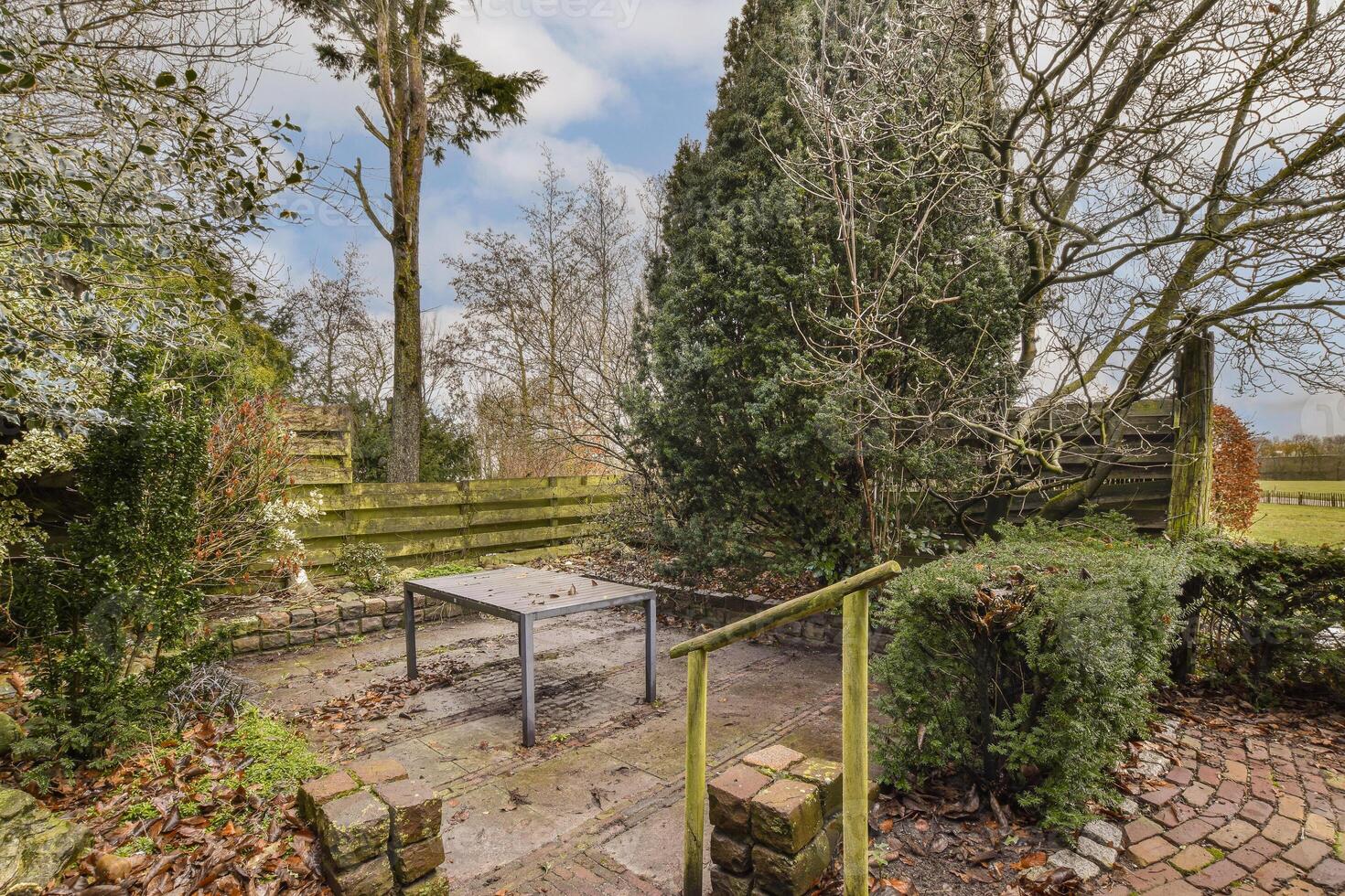 A brick patio with a bench and a tree photo