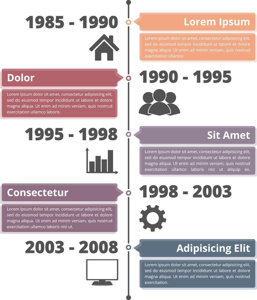 Vertical timeline infographics template with dates, icons, place for your titles and text vector