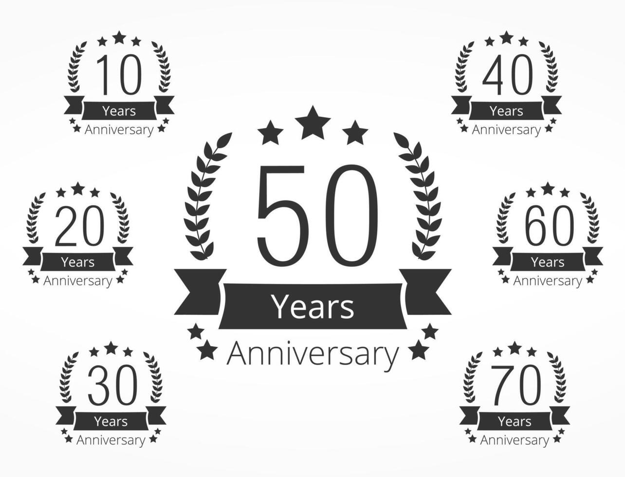 Set of 7 anniversary emblems, 10, 20, 30, 40, 50, 60 and 70 years vector