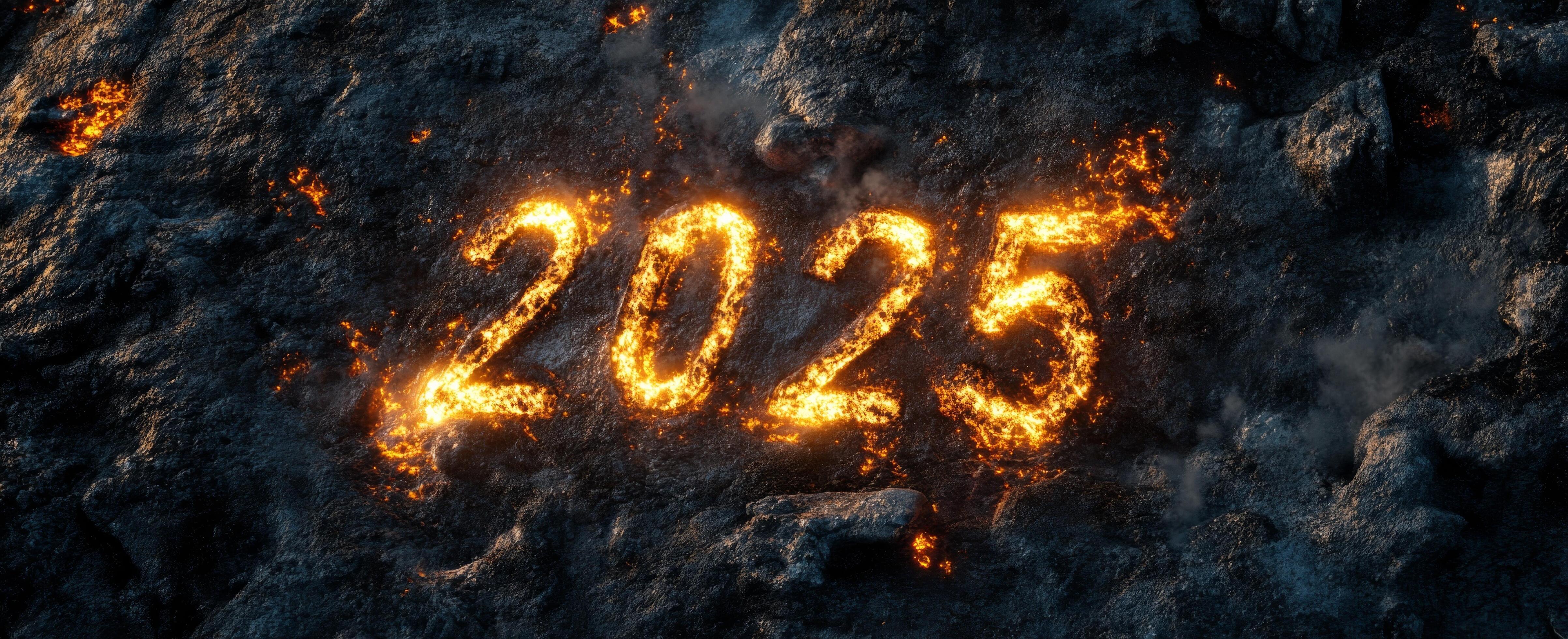 Fiery representation of the year 2025 with molten lava glow against a ...