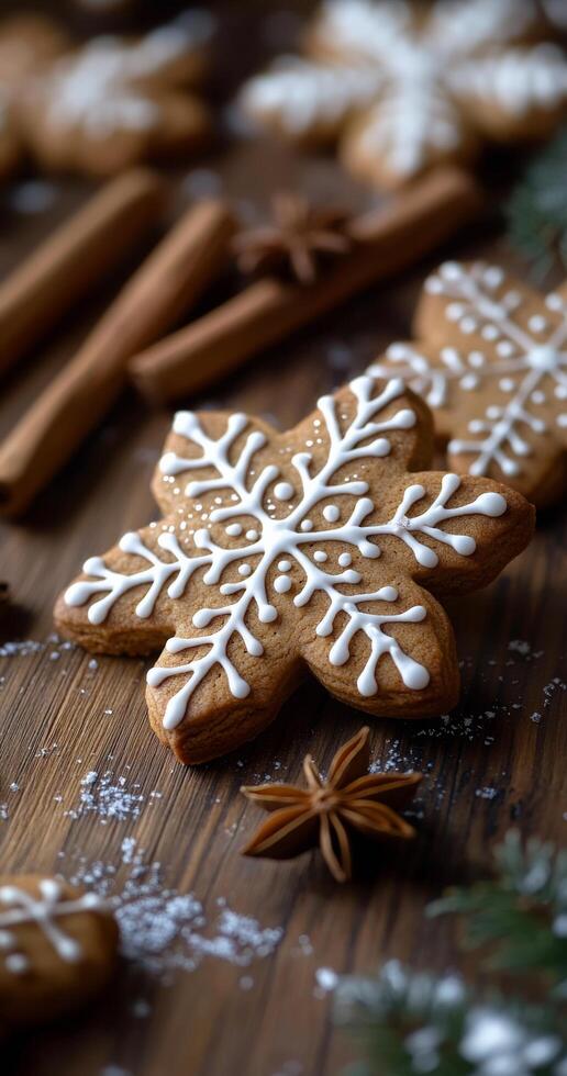 Homemade snowflake-shaped cookies decorated with icing on a wooden surface with spices photo