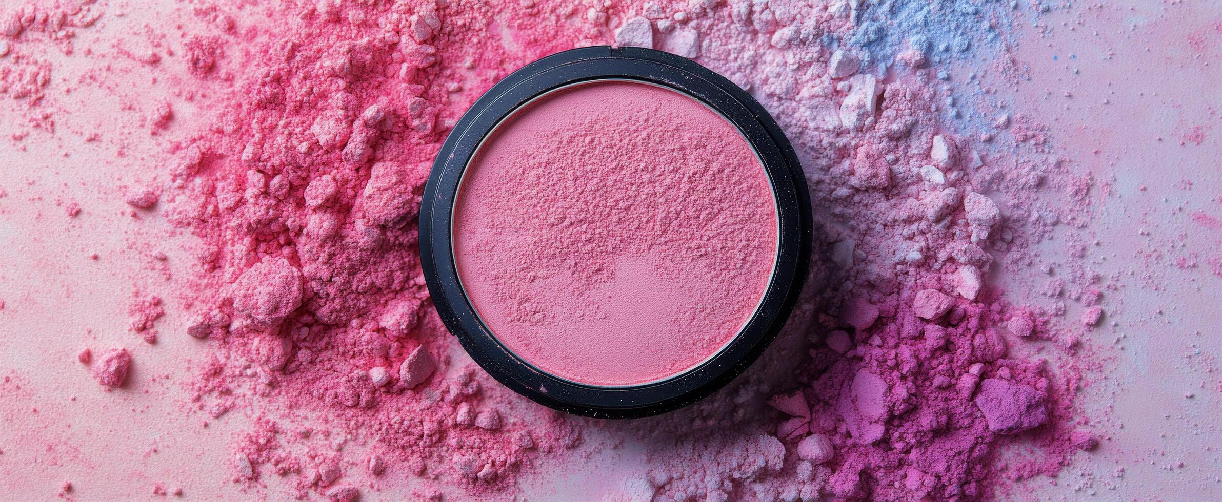 Soft pink blush powder surrounded by colorful makeup pigments on a light surface photo