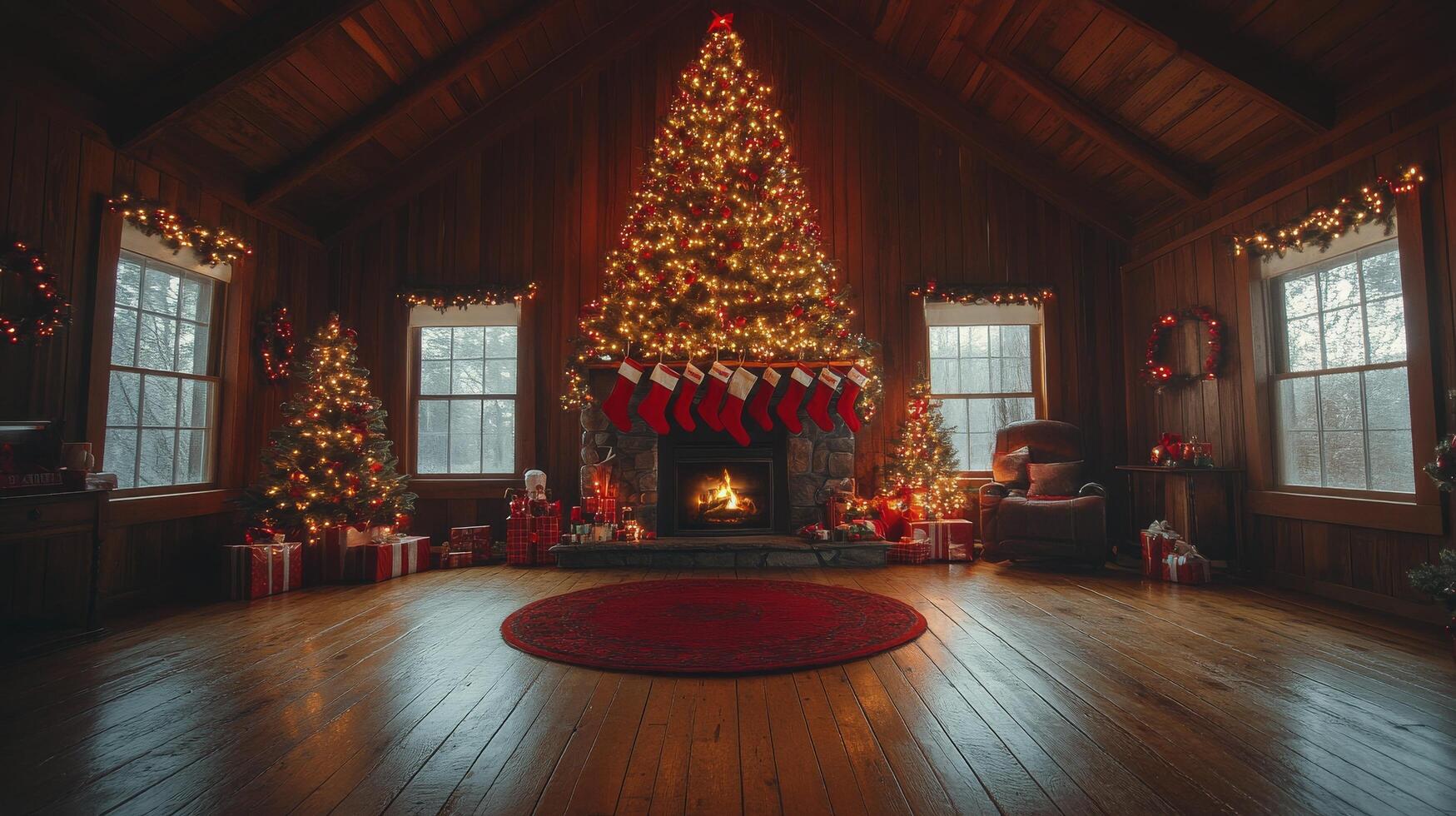 Cozy living room decorated for Christmas with a fireplace and beautifully wrapped gifts photo