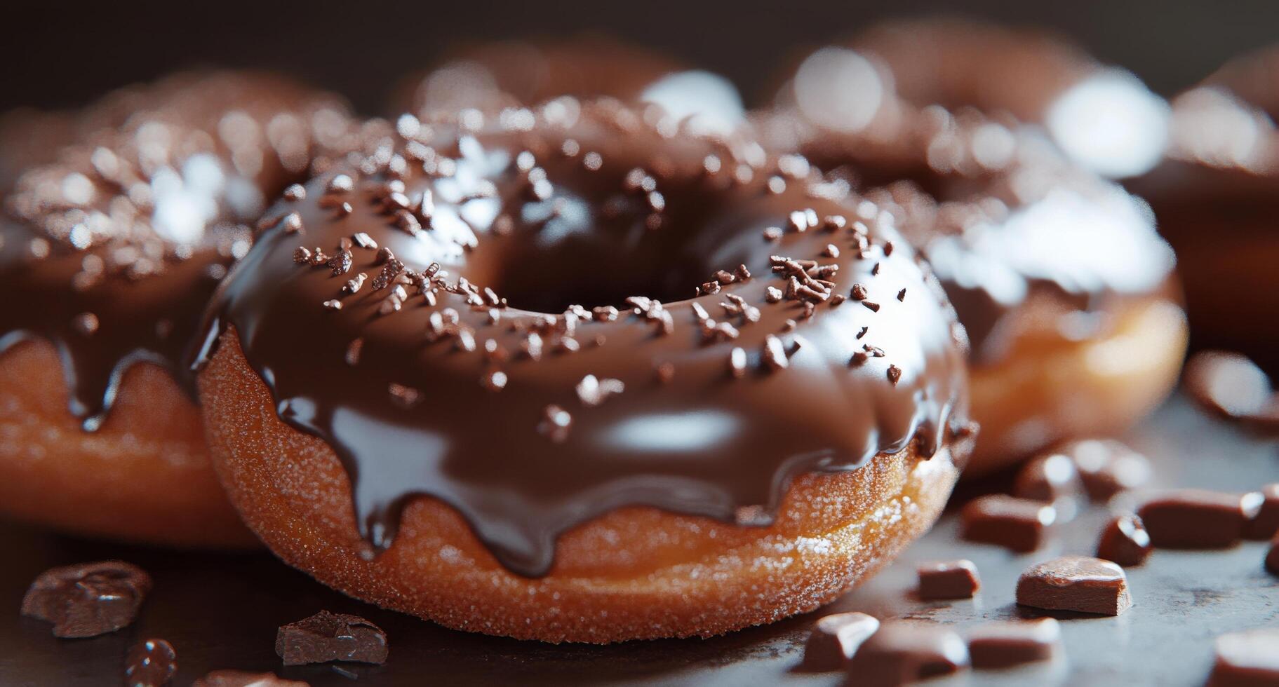 Delicious chocolate glazed donuts sprinkled with chocolate chips on a rustic table photo
