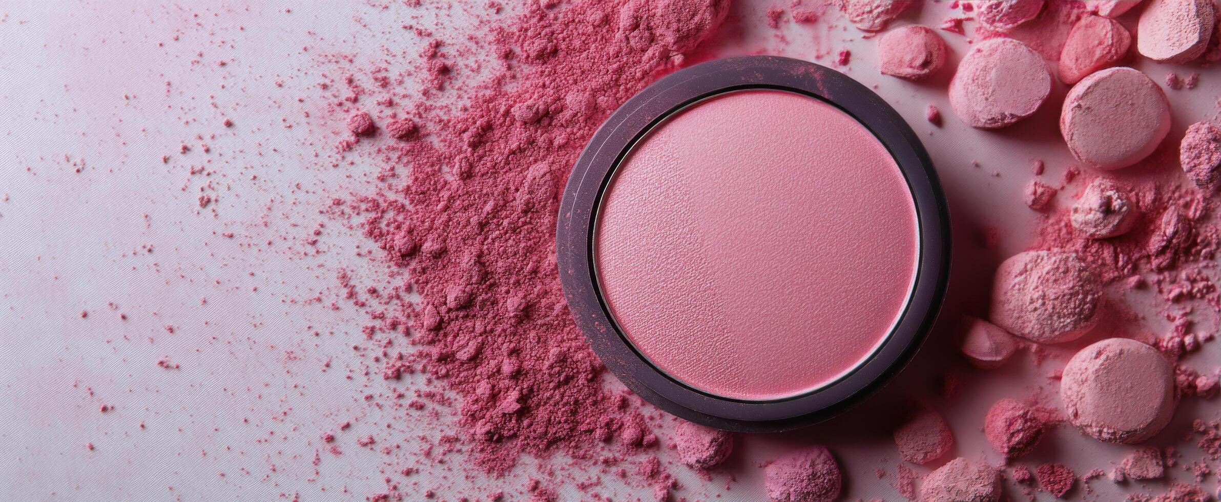 Soft pink blush powder surrounded by colorful makeup pigments on a light surface photo