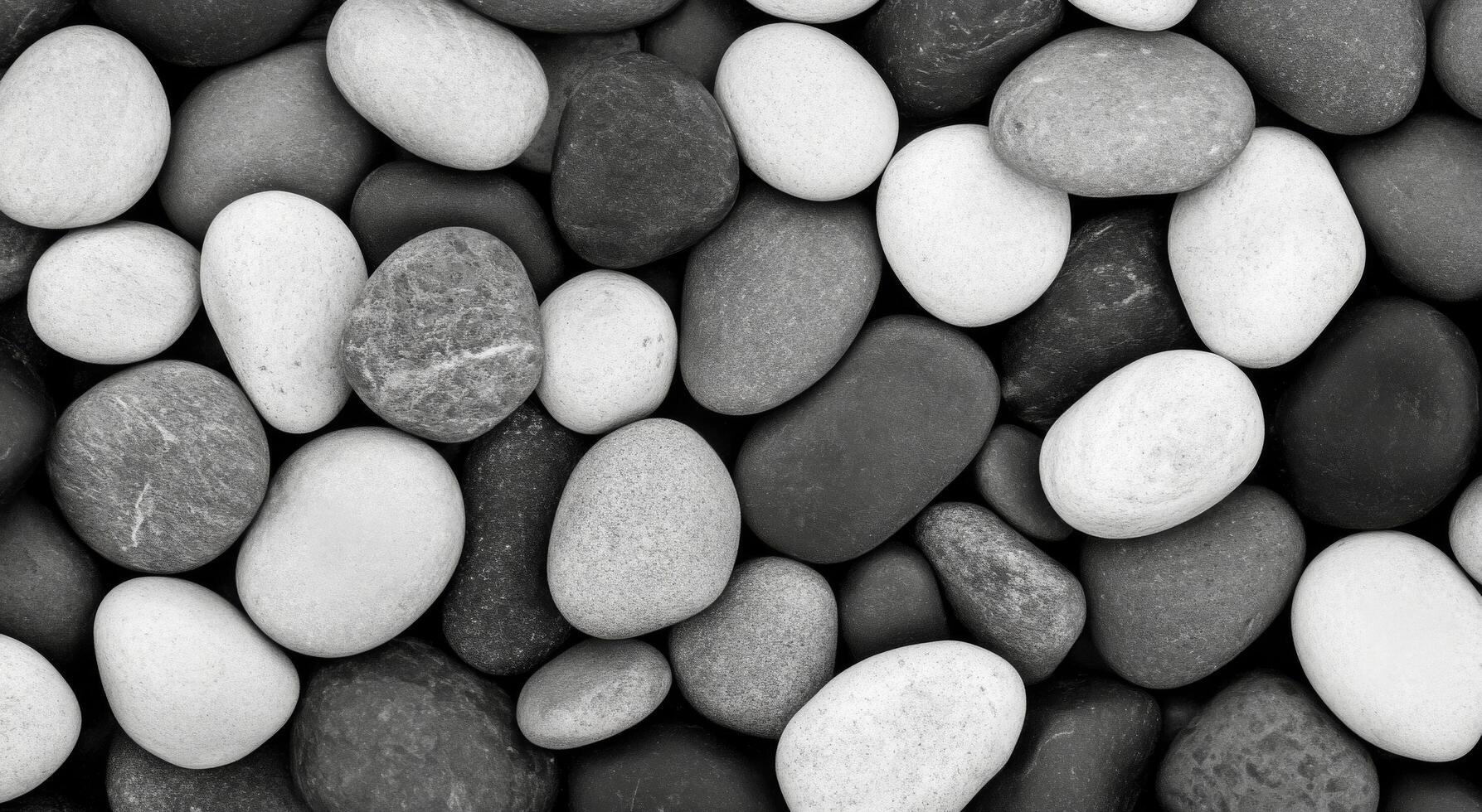 Varied collection of smooth stones in black and white, showcasing natural textures and shapes photo