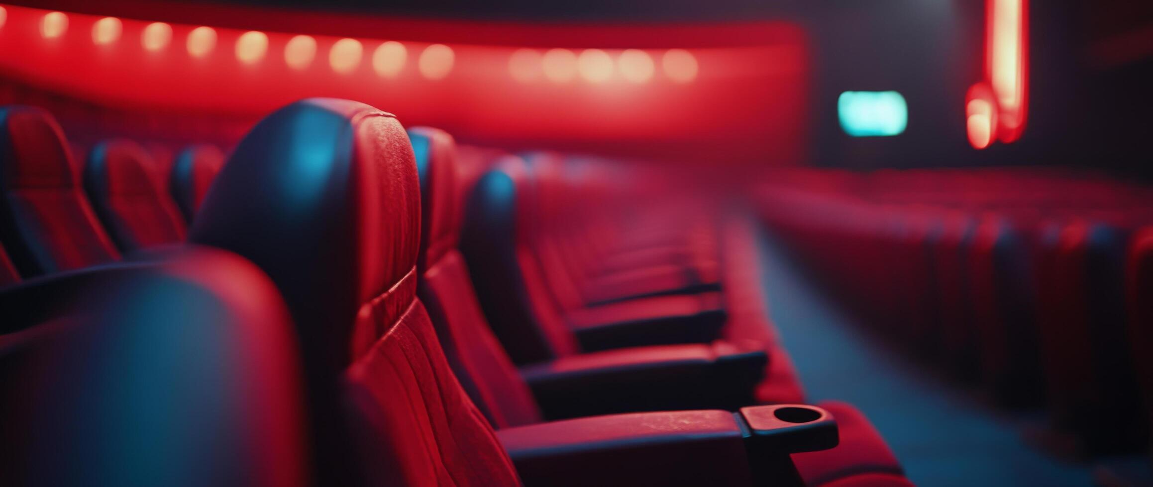 Empty red theater seats await moviegoers in a dimly lit cinema setting photo