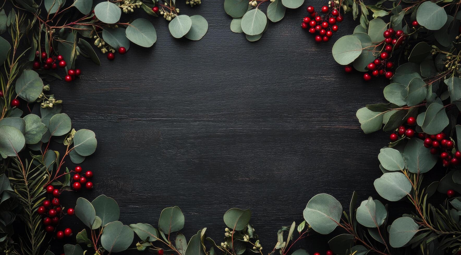 Green eucalyptus leaves and red berries arranged on a dark wooden surface for decoration photo