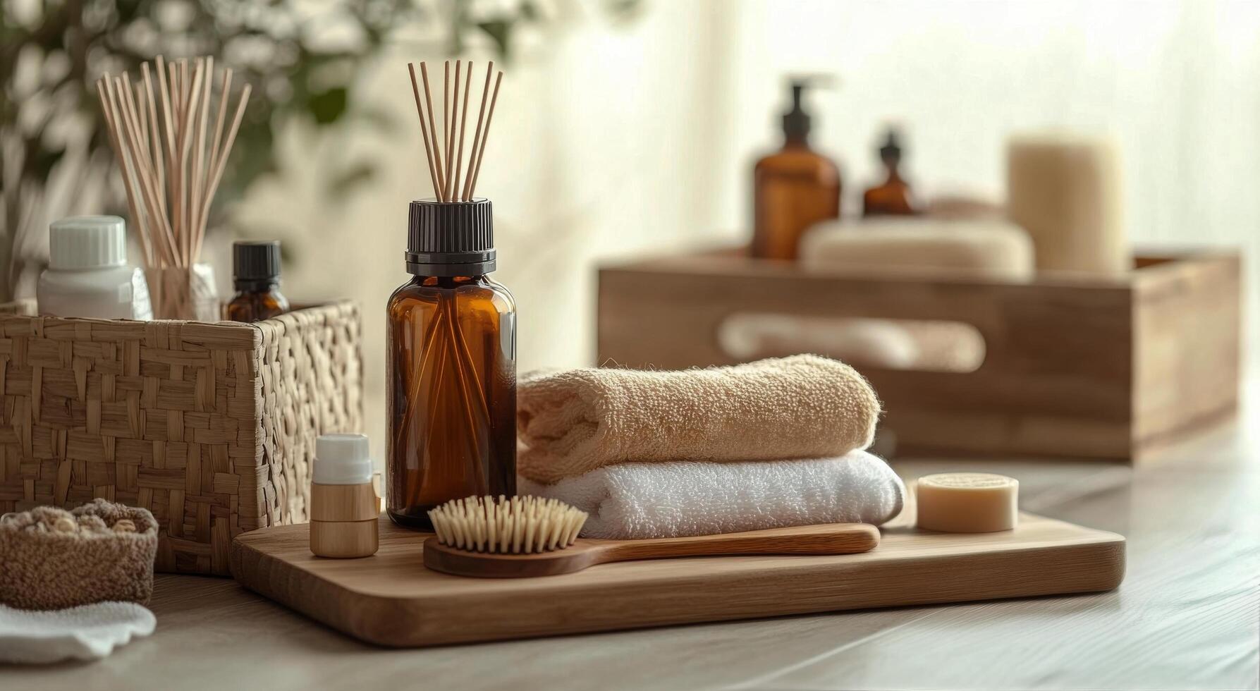 Spa essentials arranged neatly on a wooden surface with towels, oils, and natural products photo