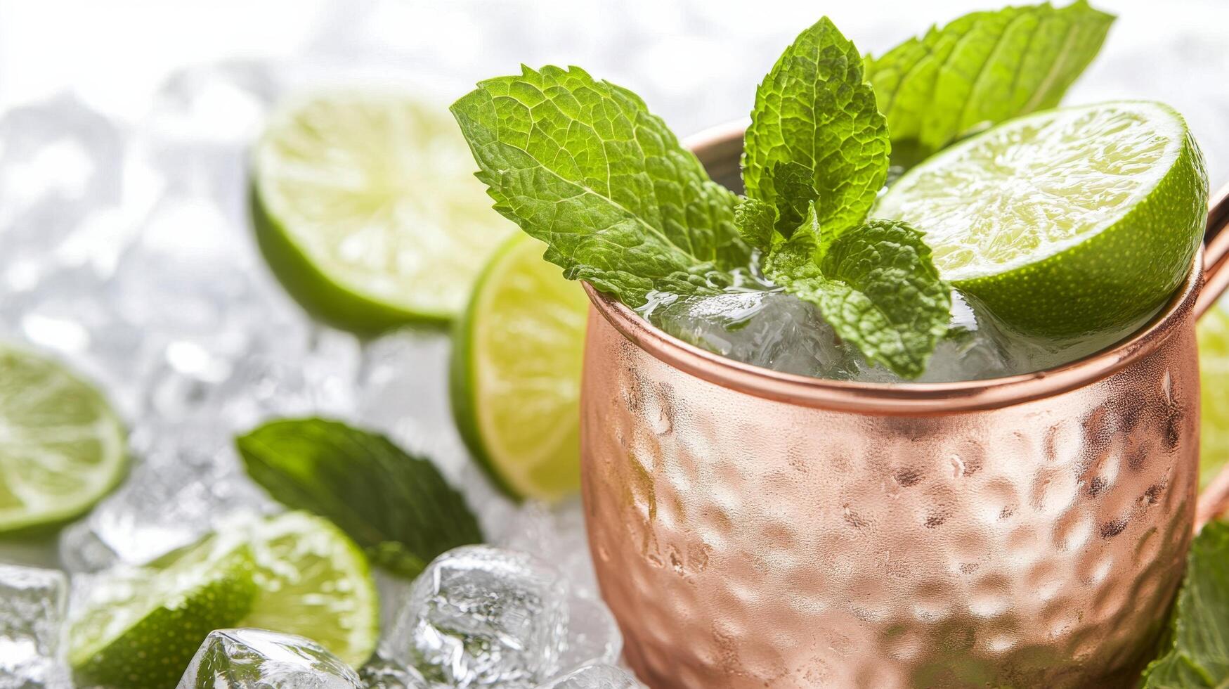Refreshing mint cocktail served with lime in a copper cup on crushed ice during summer photo
