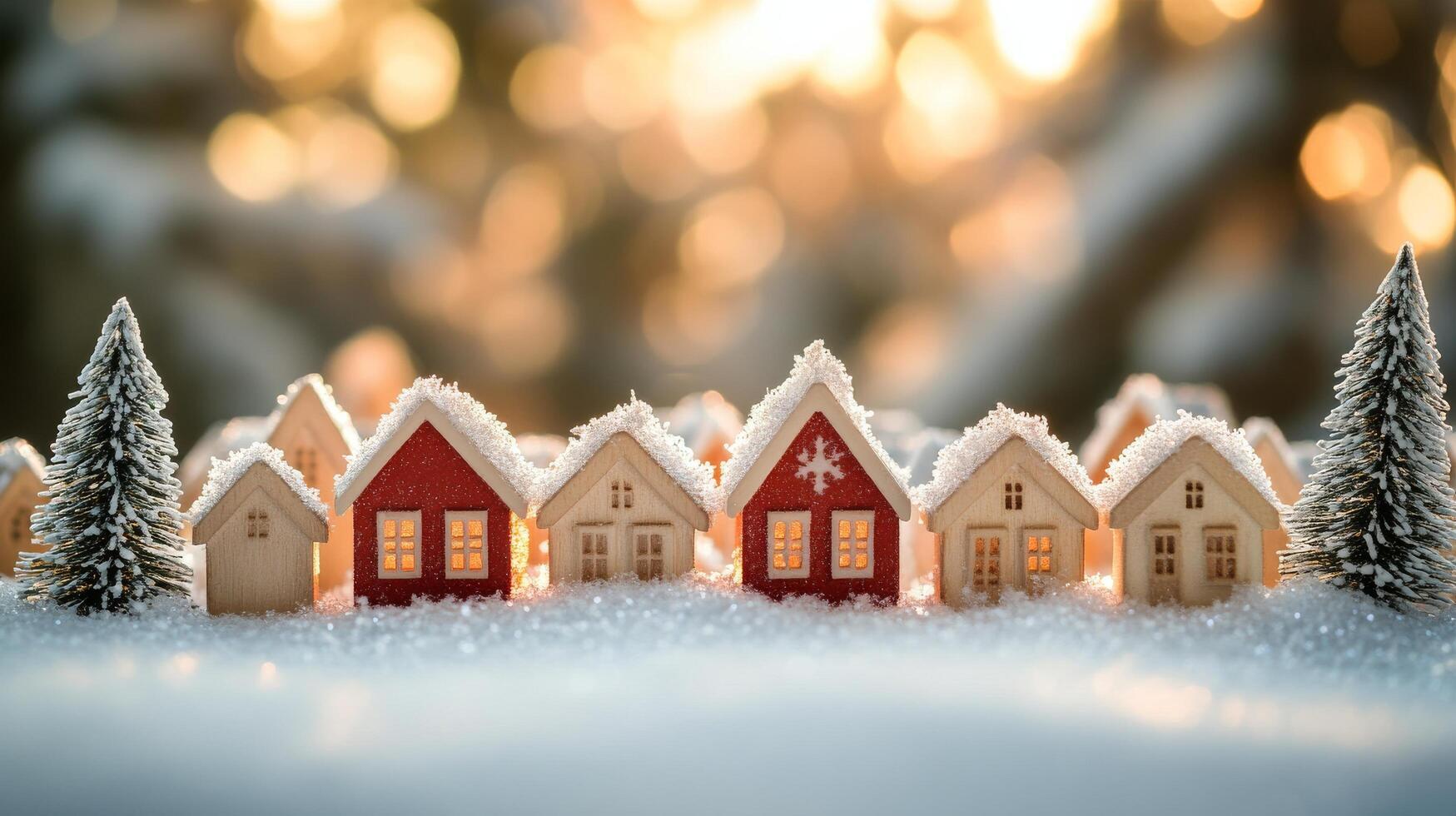 Winter village with snow-covered houses and evergreen trees during sunset photo