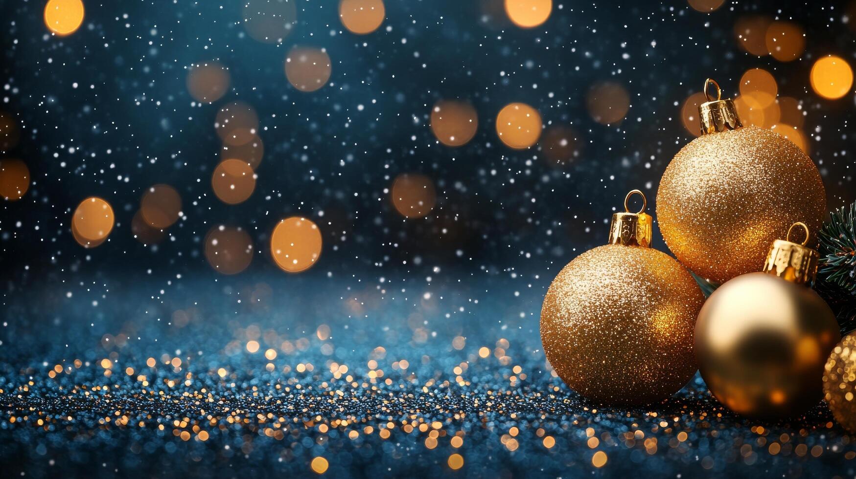 Golden ornaments amidst falling snowflakes on a festive night with sparkling lights photo