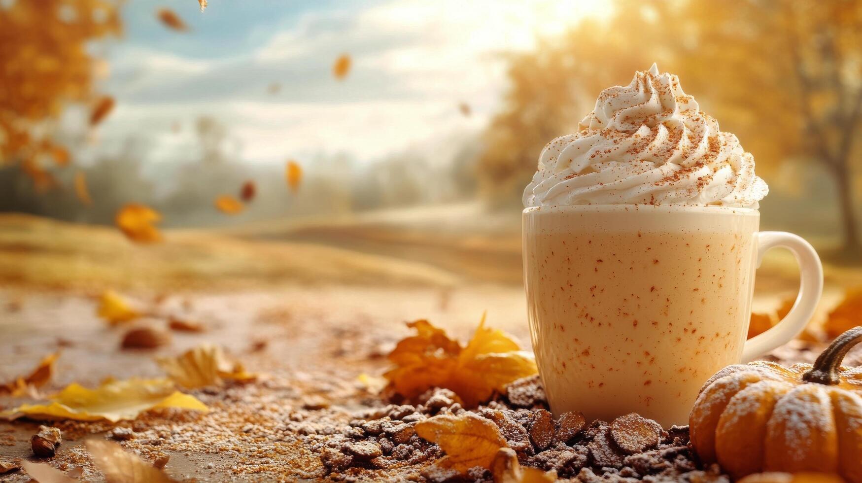 Warm autumn latte with whipped cream beside pumpkins and mountains in a cozy setting photo