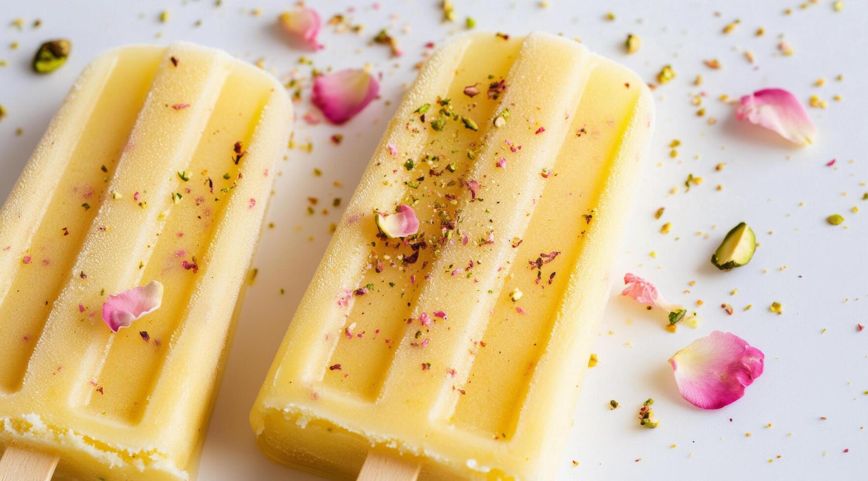 Delicious saffron and pistachio popsicle topped with rose petals on a white background photo