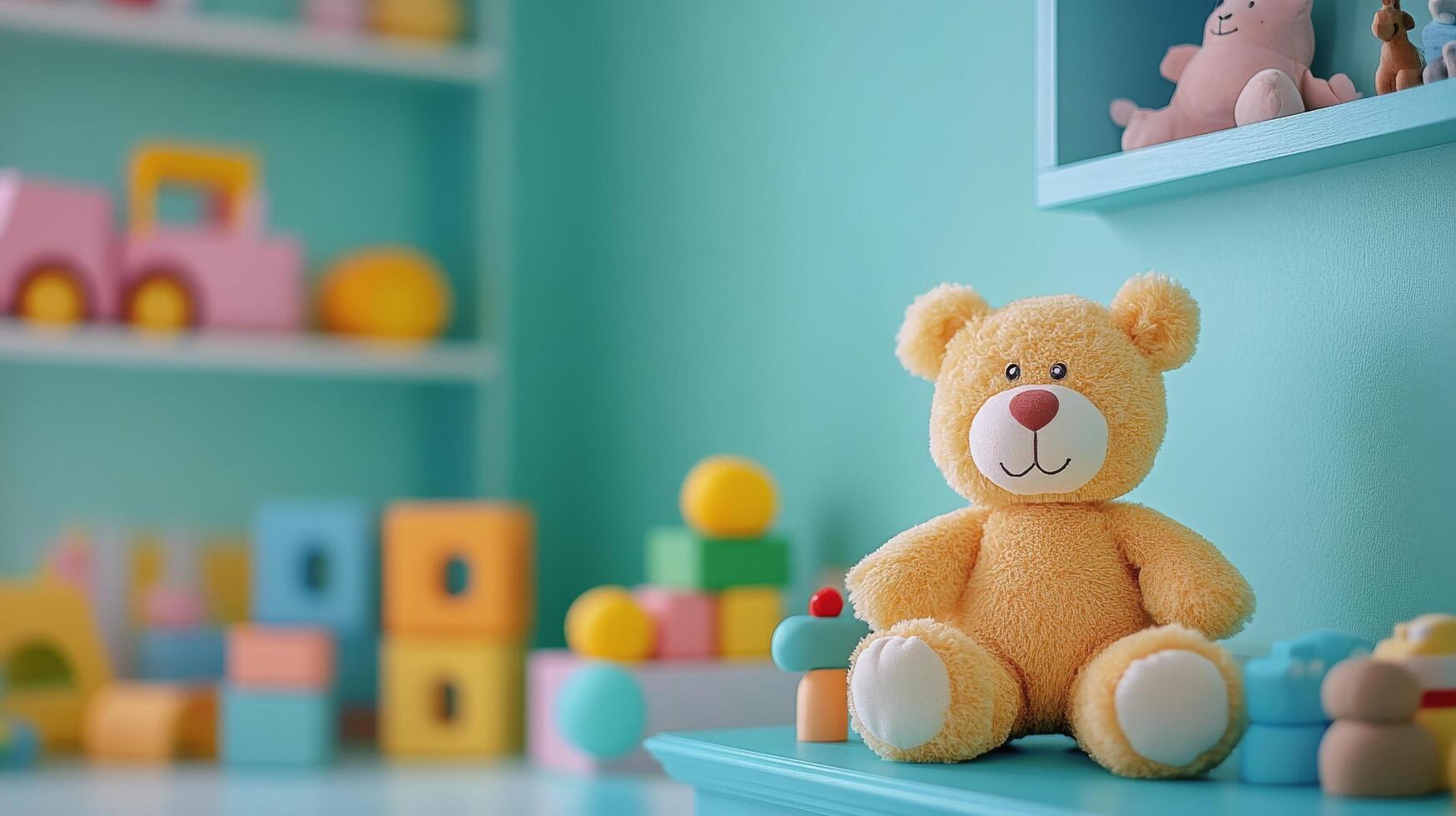Cozy corner of a children's playroom featuring a cheerful yellow teddy bear and colorful toys photo