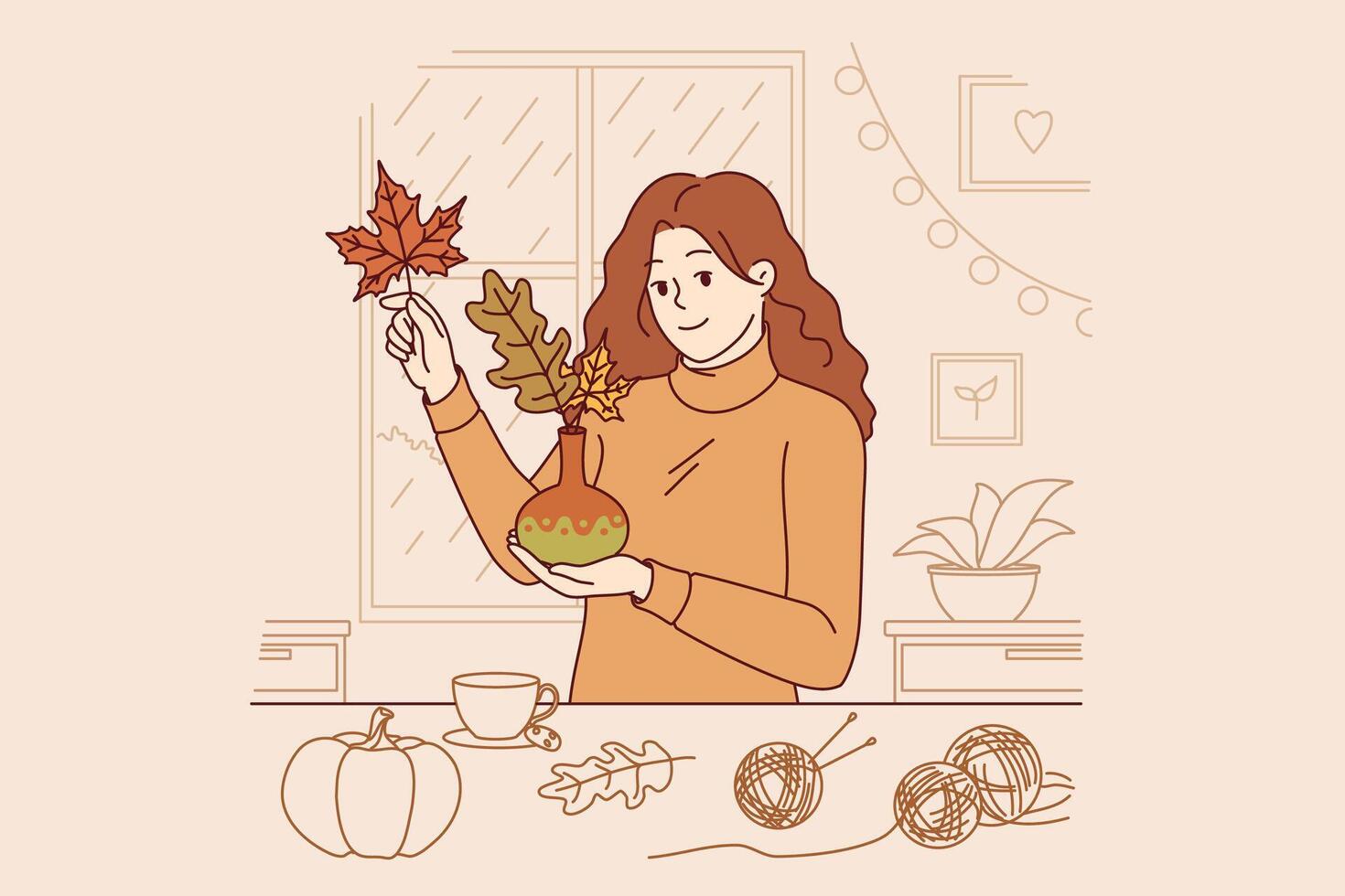 Woman collects bouquet of autumn leaves and places them in vase to decorate home on thanksgiving eve vector