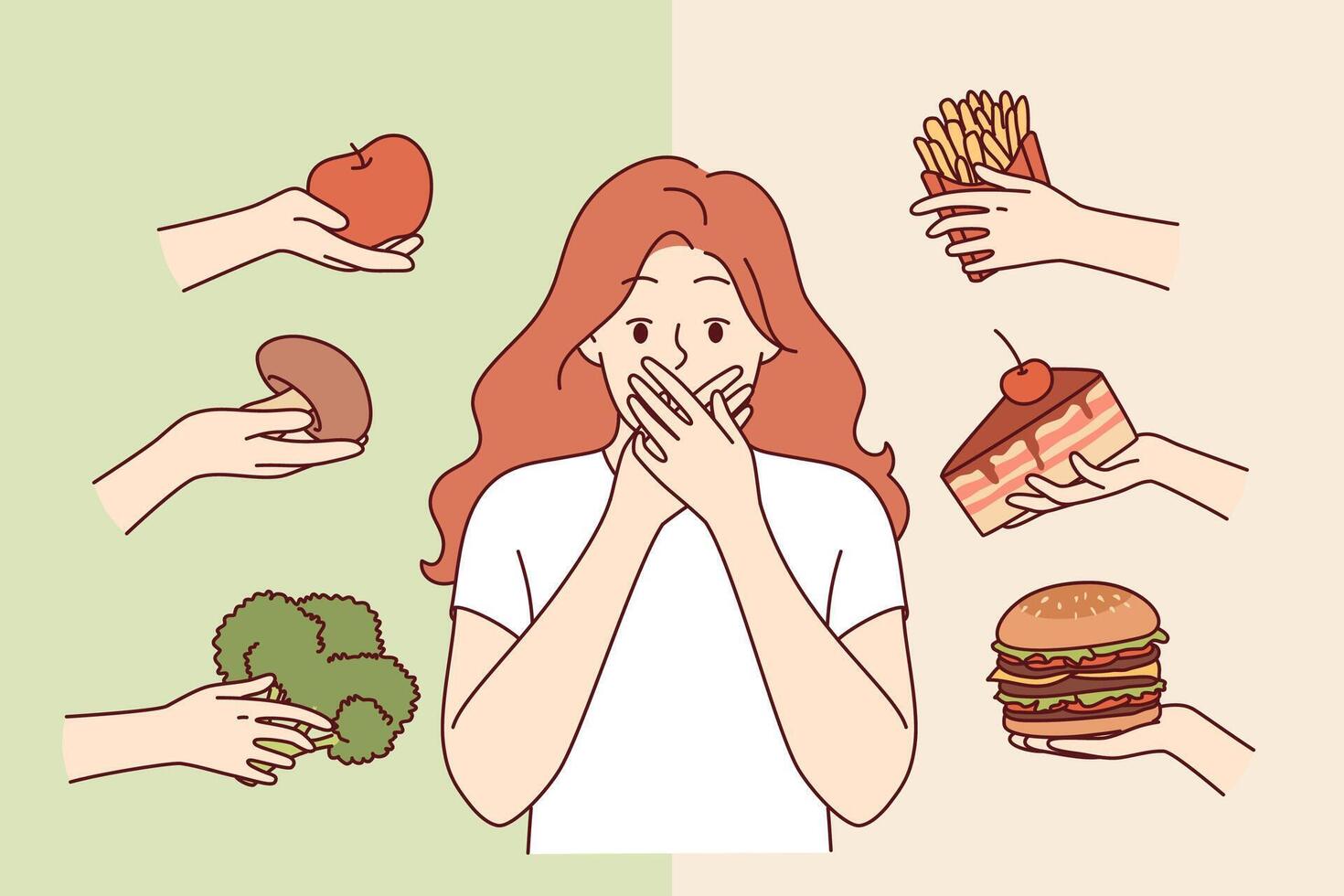Choice between healthy and unhealthy food frightens woman, who unable to decide and create diet vector
