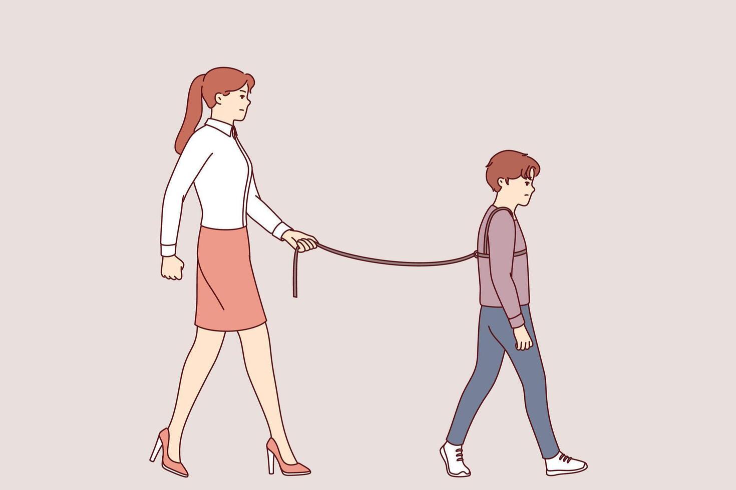 Problem of hyperprotection and lack of freedom for child, due to mother tying son during walk vector