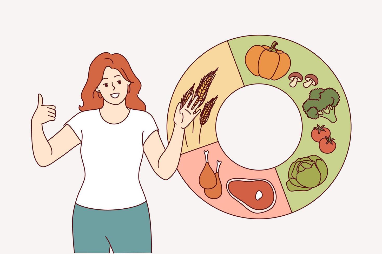 Woman recommends balanced diet and proper ration, standing near diagram of meat or vegetables vector