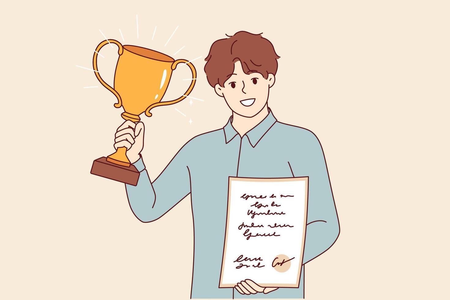 Trophies in hands of man showing certificate and gold cup received for professional achievements vector