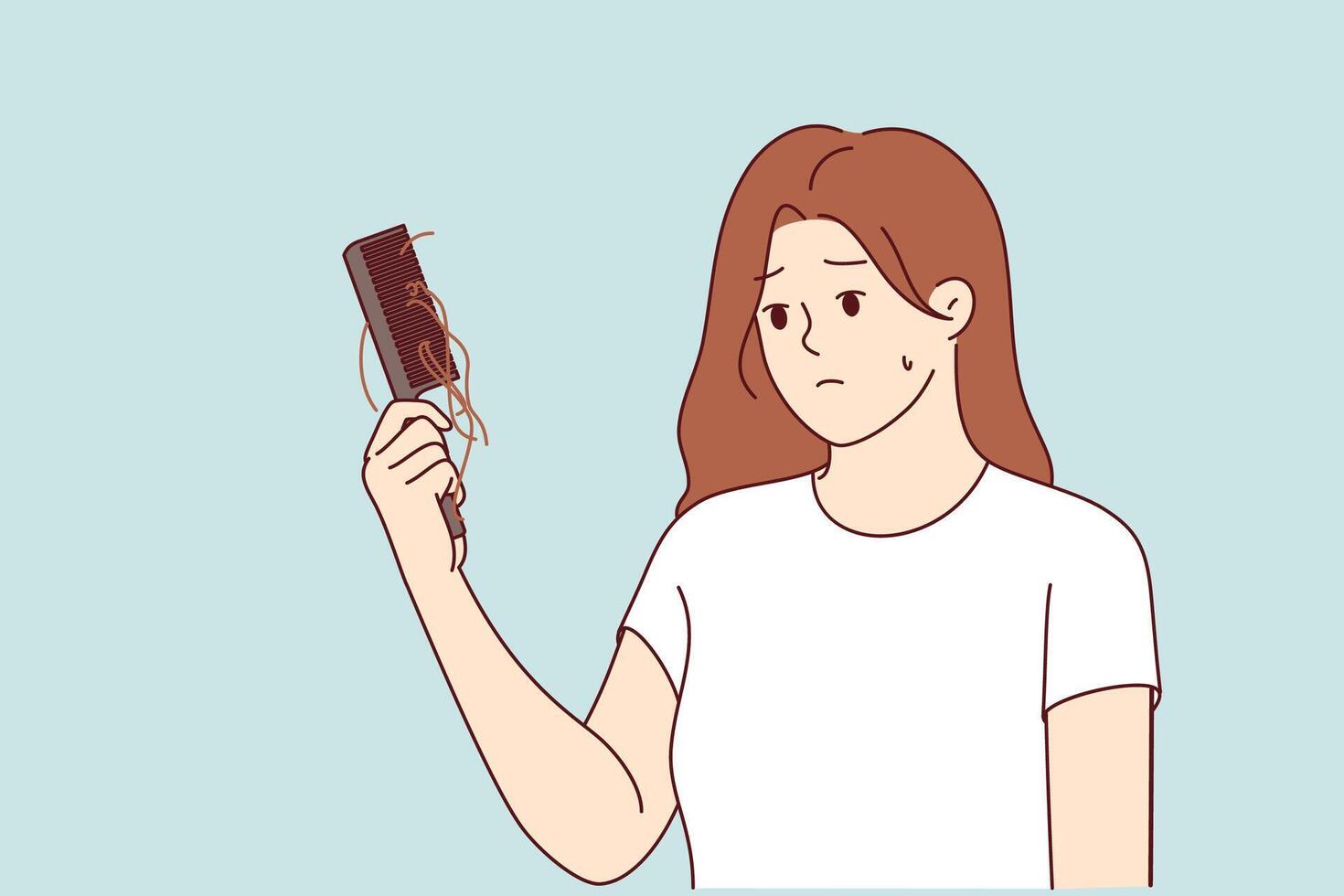 Hair loss upsets woman with comb, suffering from lack of calcium in body or use low-quality shampoo vector