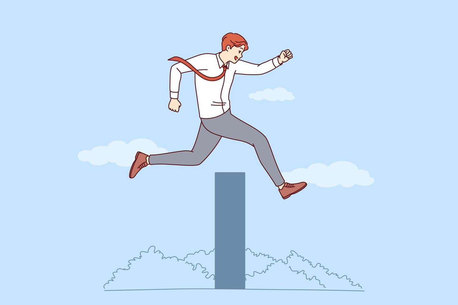 Ambitious business man overcomes obstacle on path to success by jumping over high wall vector