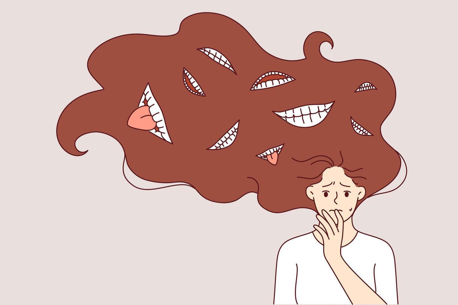 Schizophrenia and psychological health disorder in woman, with teeth and tongues in hair vector