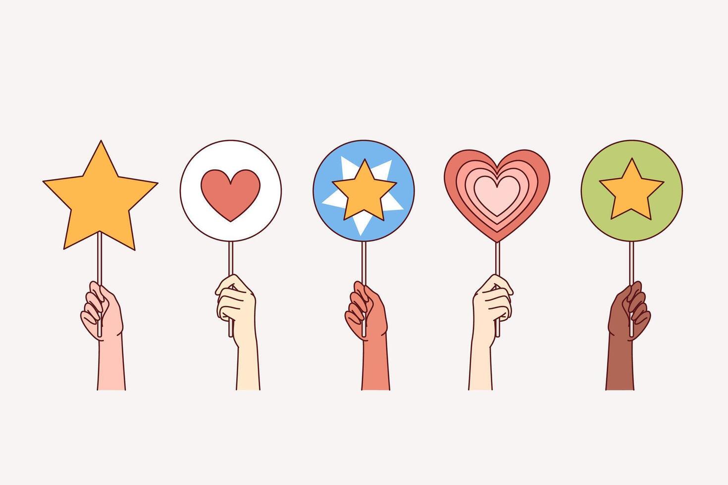 People hold up rating signs with hearts and stars, symbolizing support and approval for company vector