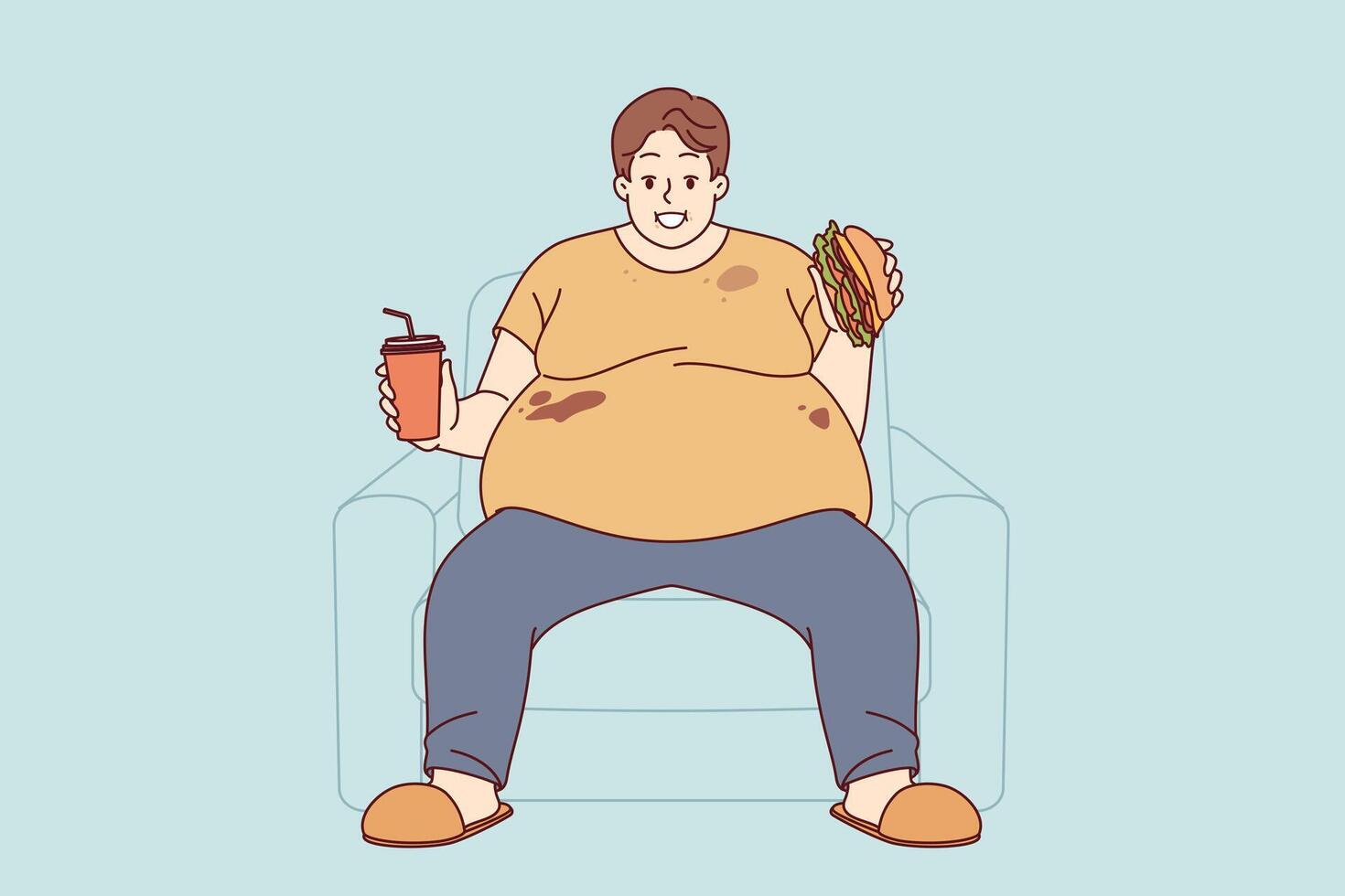 Fat man suffers from obesity caused by problem of overeating, sitting on sofa with burger and soda vector