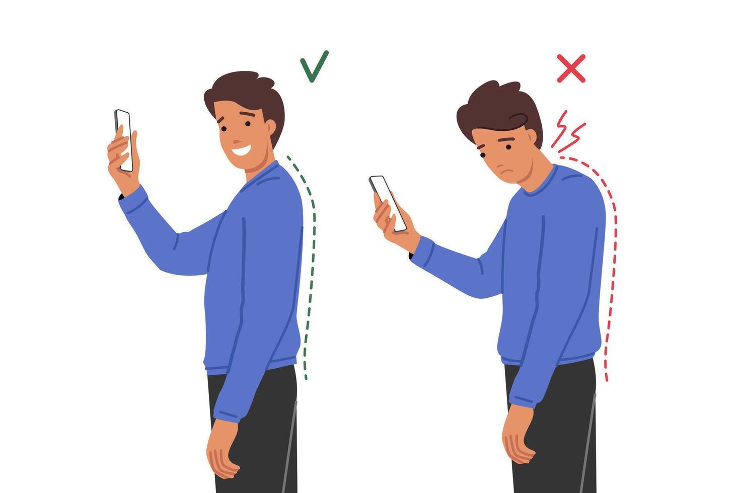 Neck clamp in man with poor posture due to frequent mobile phone use and digital addiction vector