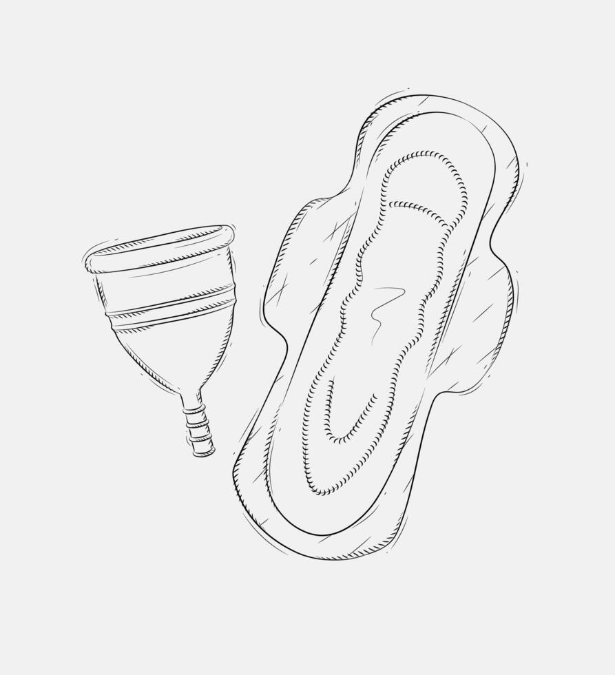 Menstrual cup and women sanitary pad composition drawing on grey background vector