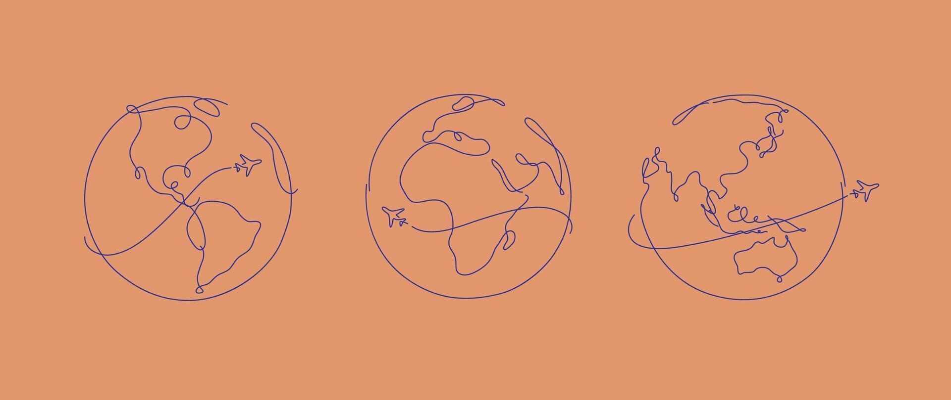 Hand drawing globe plane traveling in pen line style on salmon color background vector