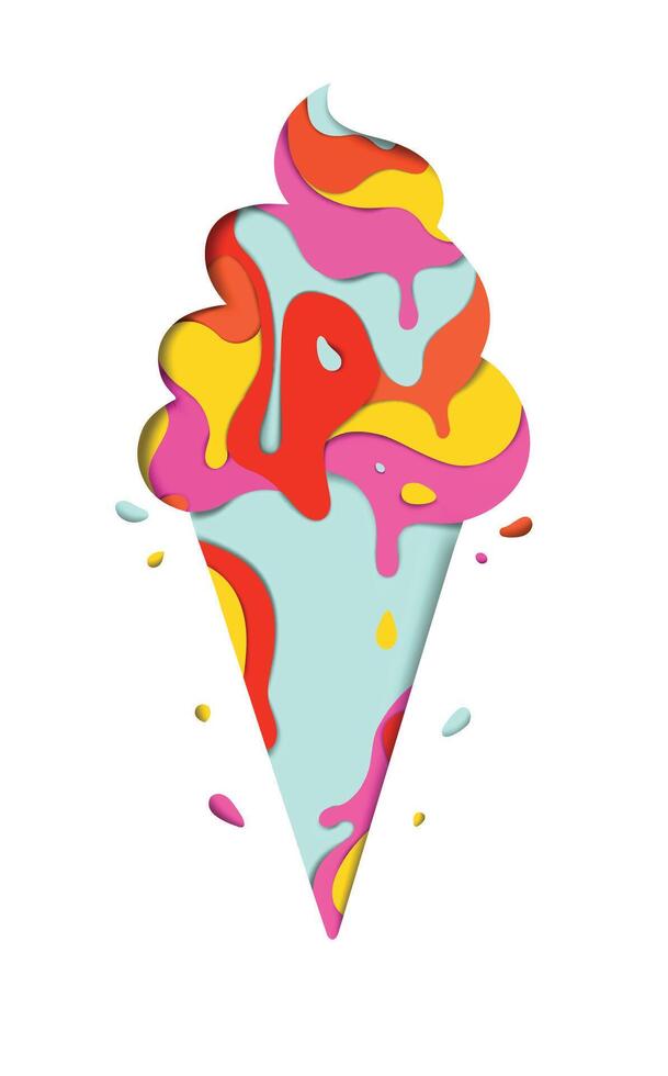 Decorative vivid ice cream with splash carved on white paper with colorful abstract graphics on the background vector
