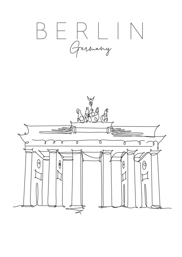 Poster brandenburg gate lettering berlin, germany drawing in pen line style on white background vector