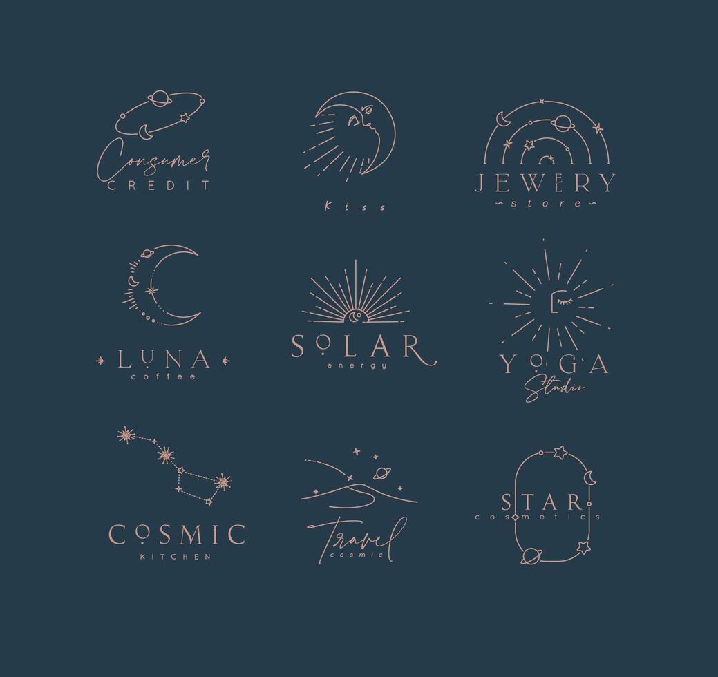 Flat elegance astrology labels with lettering in modern line style drawing with brown lines on blue background vector